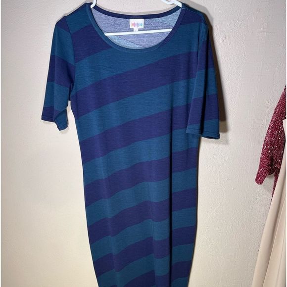 LulaRoe Green/ Navy Bodycon midi Dress Sz L - Picture 2 of 5